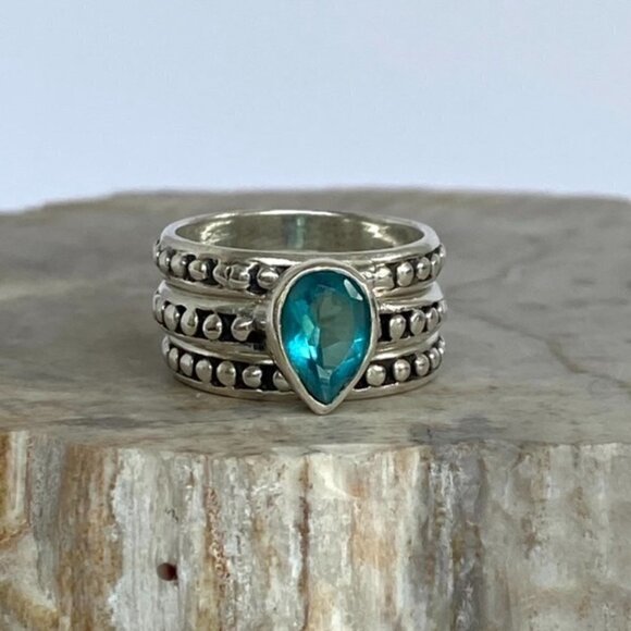 Sterling Silver 925 Teardrop Faceted Blue Glass Triple Band Ring Bali Size 6.5 - Picture 4 of 16